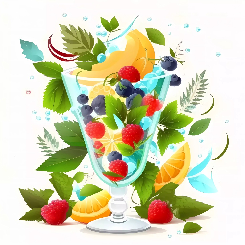 Summer fruits cocktail. Sweet tropical fruits and mixed berries. Orange, lemon, strawberry, raspberry, blueberry, watermelon, mint etc. High quality illustration. Summer fruits cocktail. Sweet tropical fruits and mixed berries. Orange, lemon, strawberry, raspberry, blueberry, watermelon, mint etc..