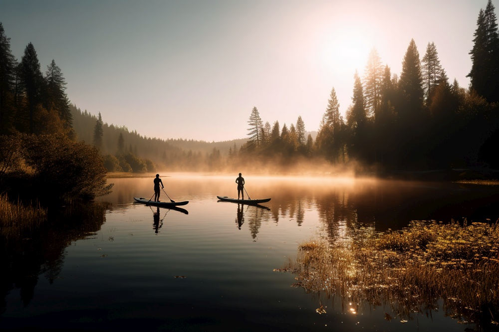A playful, outdoor adventure scene, showcasing a couple paddle boarding together on a calm, crystal-clear lake or river, surrounded by a picturesque, sunlit natural setting. Generative AI