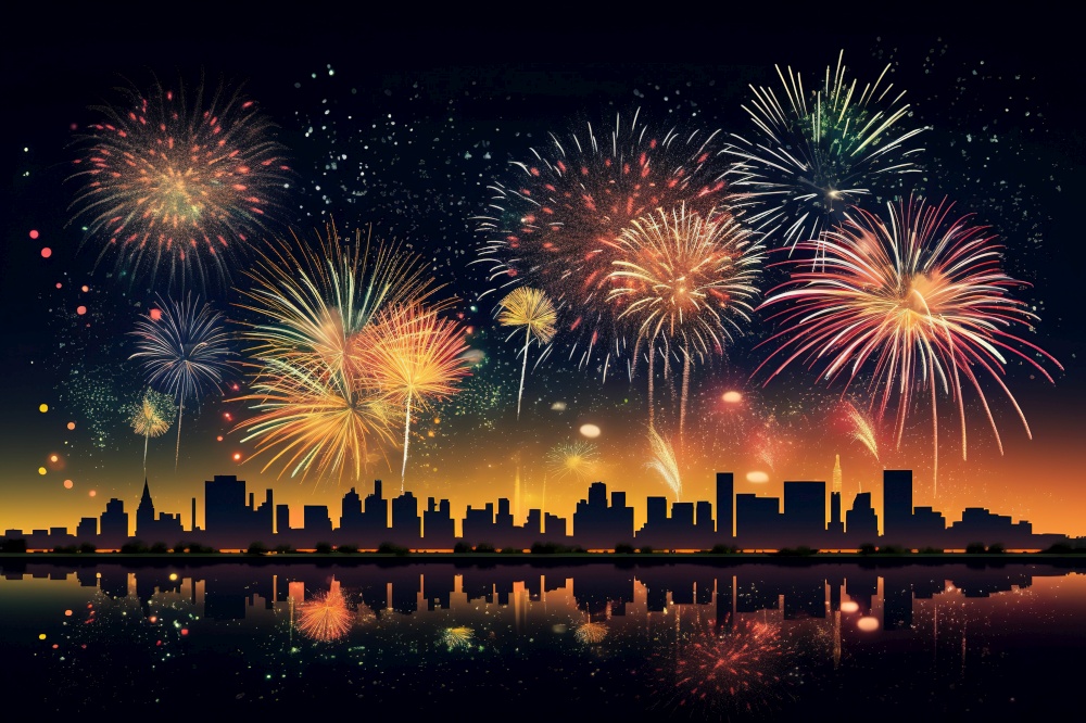 A spectacular, nighttime fireworks, lighting up the sky with vibrant, colorful bursts, celebrating the spirit of Independence Day, set against the backdrop of a city skyline or a serene. Generative AI