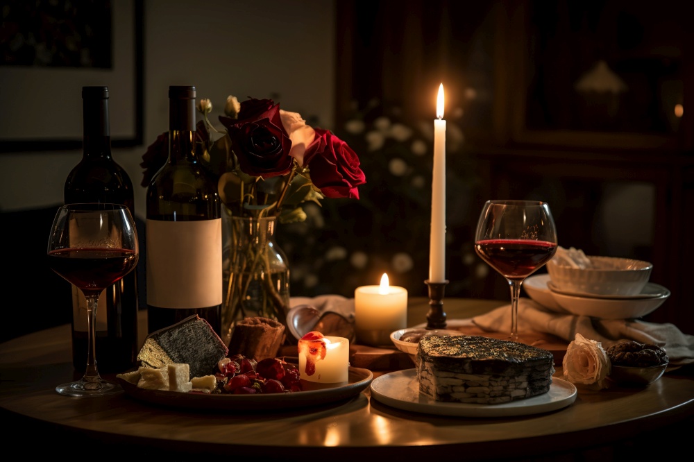 A sophisticated wine tasting experience, featuring an assortment of fine red and white wines, with elegant wine glasses, a corkscrew, and a selection of complementary cheeses and fruit. Generative AI