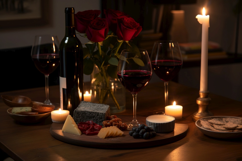 A romantic, candlelit setting, showcasing a bottle of red wine, accompanied by two wine glasses, a charcuterie board, and a bouquet of roses. Perfect ambiance for an romantic evening. Generative AI
