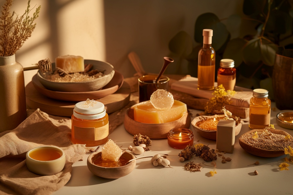 Honey-themed spa setting, highlighting the use of honey as a natural skincare ingredient, honey-infused products, face masks, body scrubs, moisturizers, on relaxation-focused backdrop. Generative AI