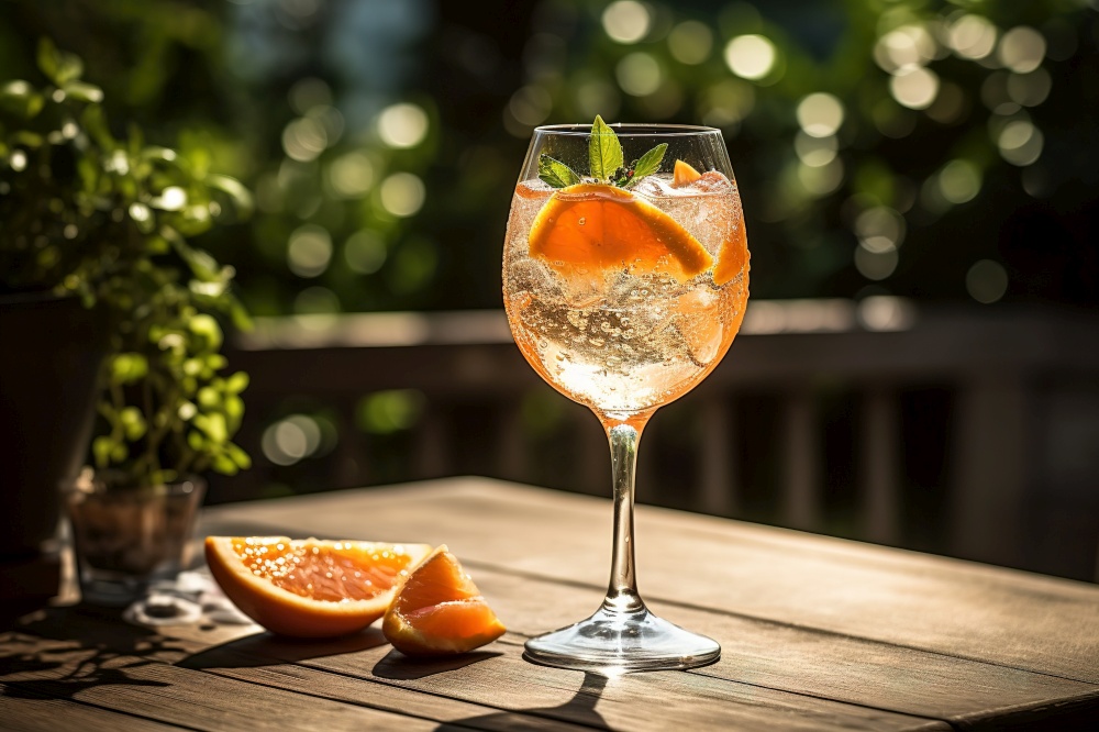 A bubbly, summer spritz, featuring a mixture of prosecco, aperitif, and a splash of soda water. Generative AI