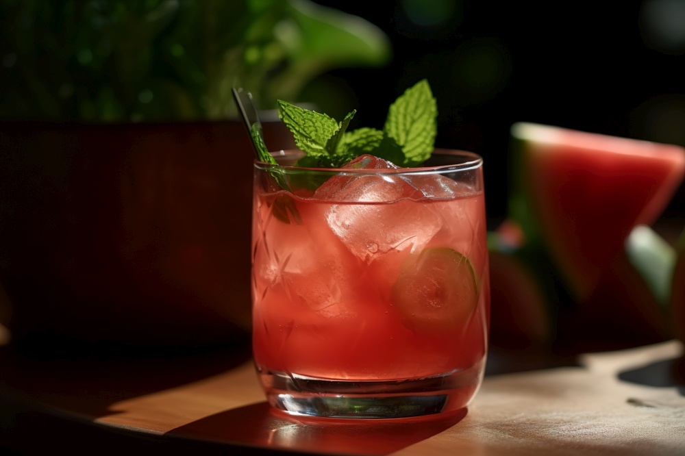 Watermelon cocktail, featuring a vodka or tequila-based drink mixed with fresh watermelon juice, served in a chilled glass garnished with mint leaves. Generative AI