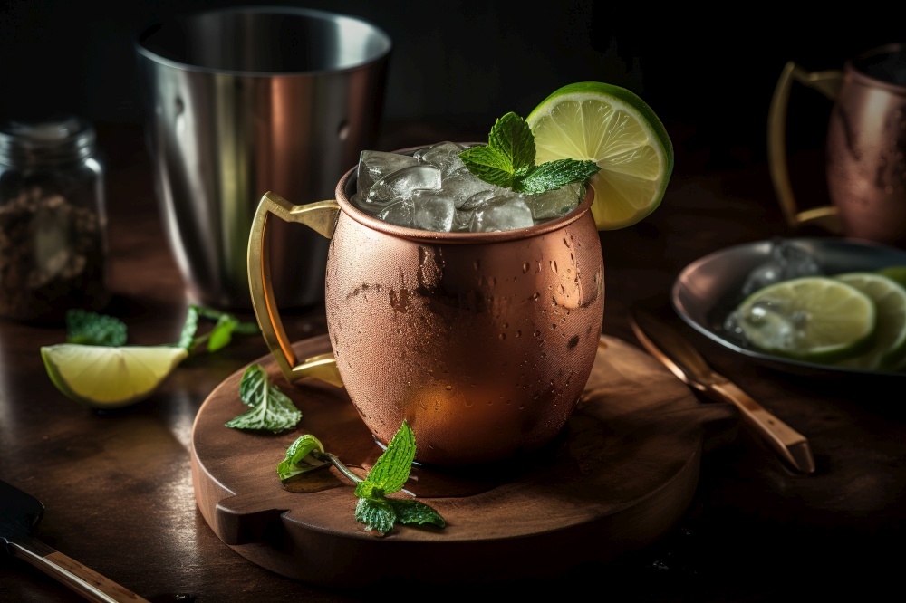 A frosty, Moscow Mule, served in an ice-cold copper mug, garnished with a lime wedge and sprig of mint, surrounded by a refreshing, ice-filled presentation and setting. Generative Ai