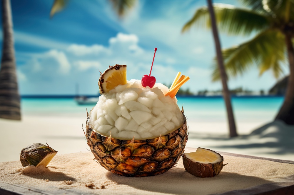 A frozen, tropical pina colada, served in a chilled, coconut shaped container, garnished with pineapple and cherry, and set against a refreshing, ice-filled scene that contrasts with the warm, sandy beach backdrop. Generative AI. A frozen, pina colada, served in a chilled, coconut shaped container, garnished with pineapple and cherry and , ice filled scene that contrasts with the warm, sandy beach. Generative Ai