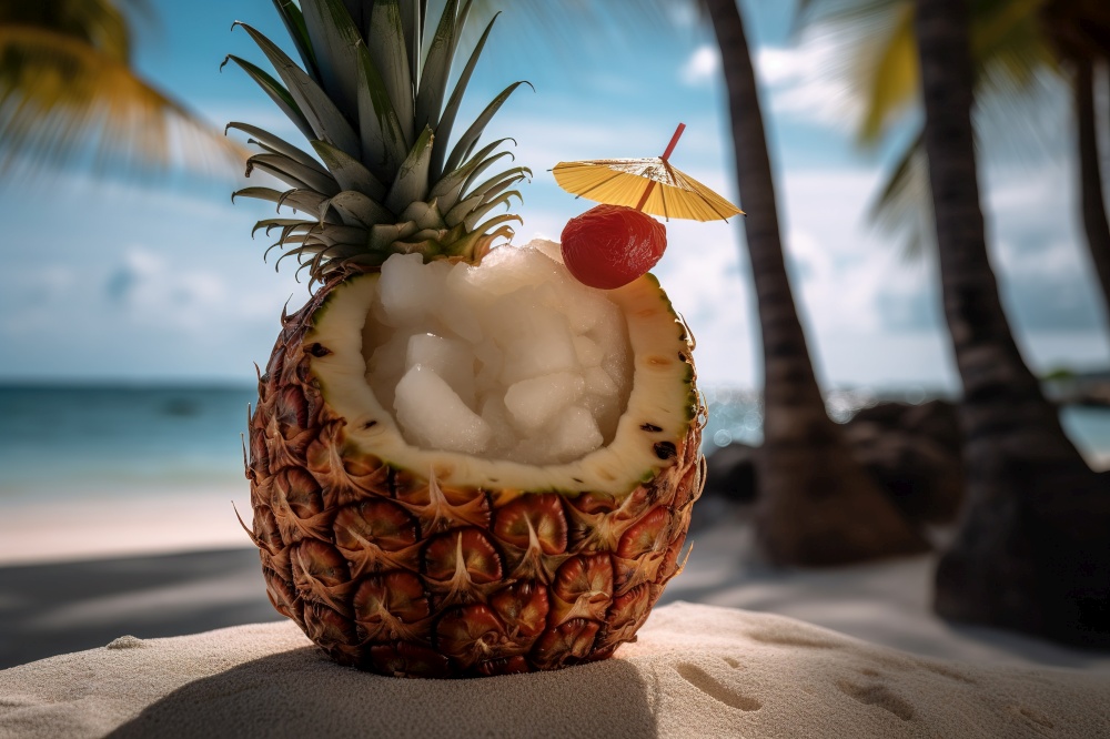 A frozen, tropical pina colada, served in a chilled, coconut shaped container, garnished with pineapple and cherry, and set against a refreshing, ice-filled scene that contrasts with the warm, sandy beach backdrop. Generative AI. A frozen, pina colada, served in a chilled, coconut shaped container, garnished with pineapple and cherry and , ice filled scene that contrasts with the warm, sandy beach. Generative Ai