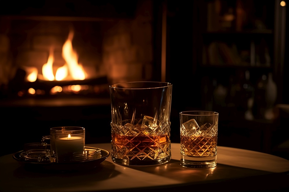 A cozy, inviting whiskey scene, featuring a tumbler of fine whiskey on the rocks, a decanter, and a cigar, set against the warm glow of a crackling fireplace. Generative AI