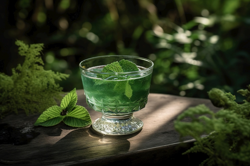A refreshing cocktail, showcasing a botanical gin-based drink, garnished with fresh herbs, such as basil or thyme, and served in a stylish, modern glass. Generative AI