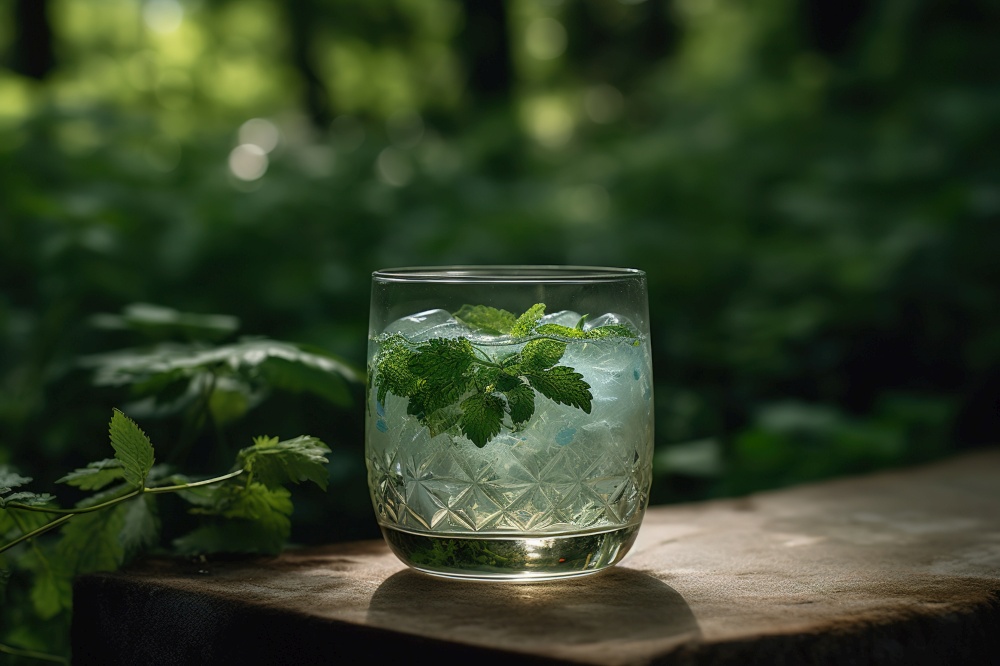 A refreshing cocktail, showcasing a botanical gin-based drink, garnished with fresh herbs, such as basil or thyme, and served in a stylish, modern glass. Generative AI