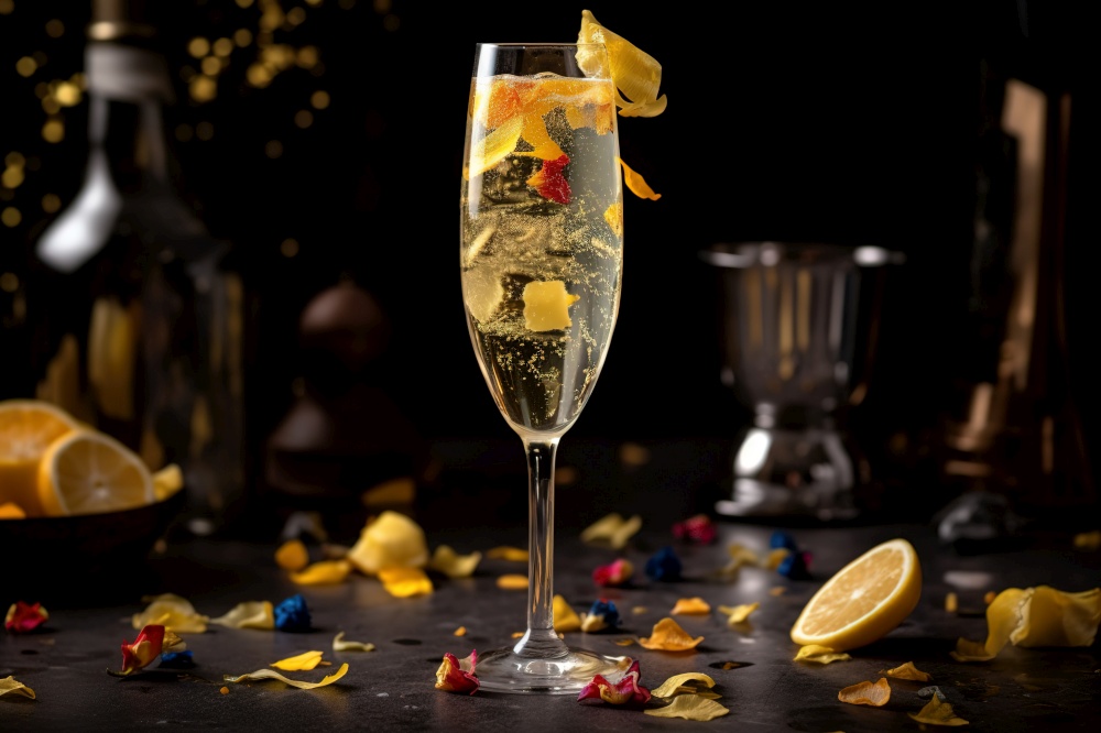 Celebratory French 75 cocktail, served in a champagne flute and garnished with a twist of lemon, surrounded by a festive atmosphere with confetti and party decorations. Generative Ai