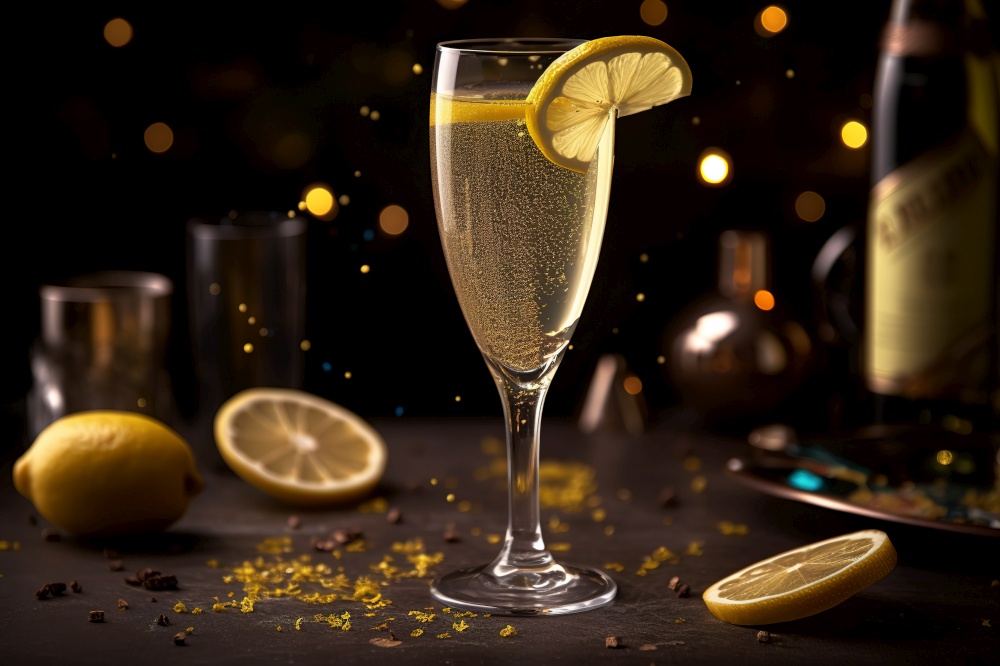Celebratory French 75 cocktail, served in a champagne flute and garnished with a twist of lemon, surrounded by a festive atmosphere with confetti and party decorations. Generative Ai