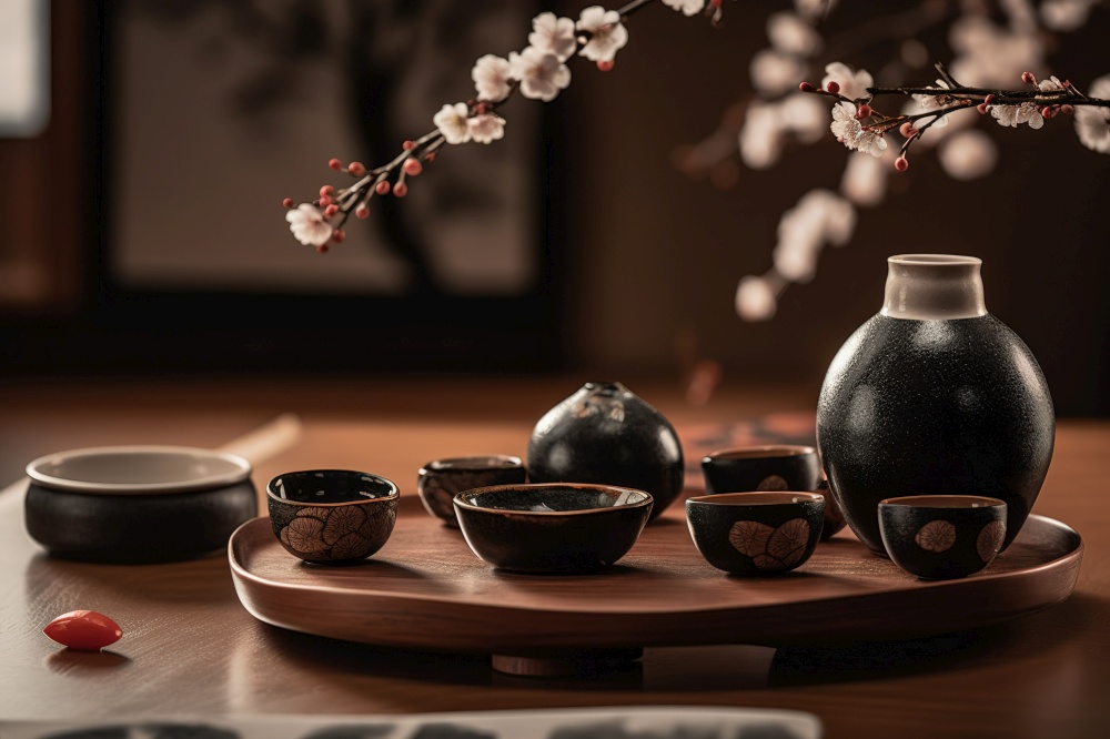 A captivating, Japanese-inspired sake presentation, with a traditional sake set, including a ceramic flask and small cups, surrounded by cherry blossoms and minimalist decor. Generative AI