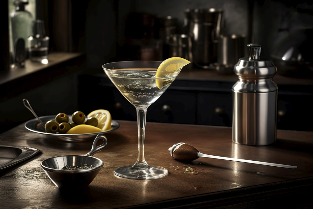 An elegant, classic martini, served in a sophisticated martini glass with a twist of lemon or an olive, accompanied by a silver cocktail shaker on a sleek, modern bar countertop. Generative AI