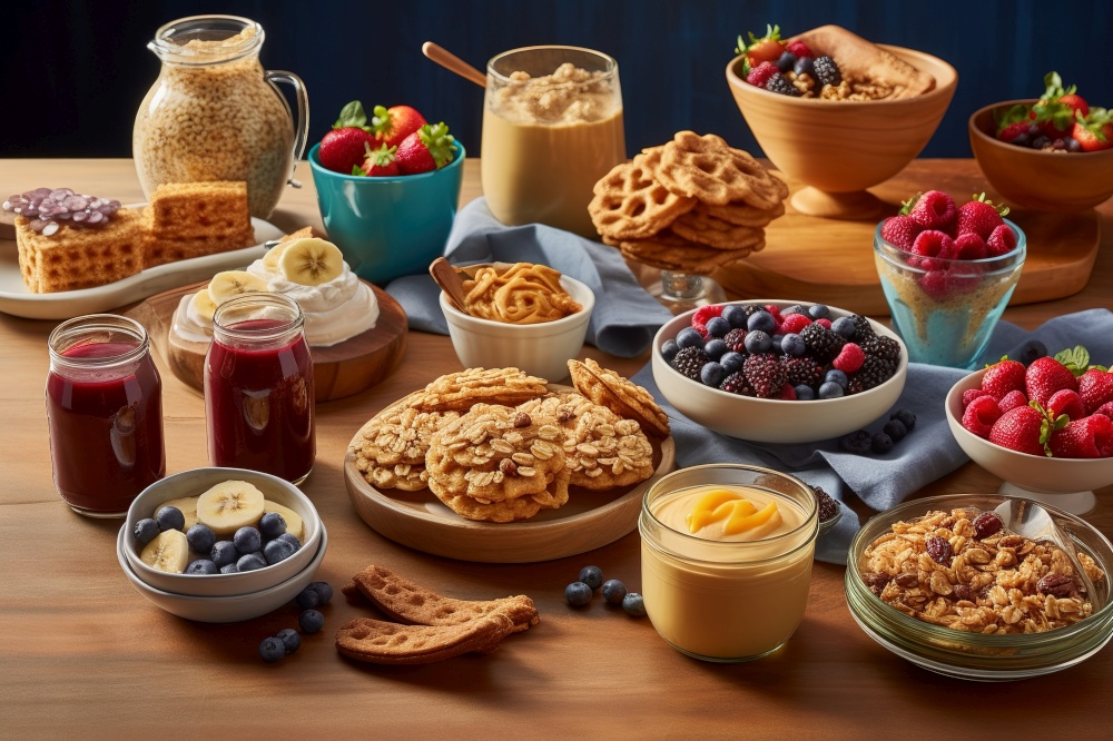 Breakfast with Peanut butter spread tasty dishes, such as peanut butter smoothies, peanut butter and fruit-topped pancakes and granola yogurt bowls. Generative Ai