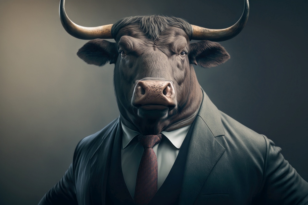 Portrait of a bull in a business suit on dark background, digital illustration painting, Generative AI