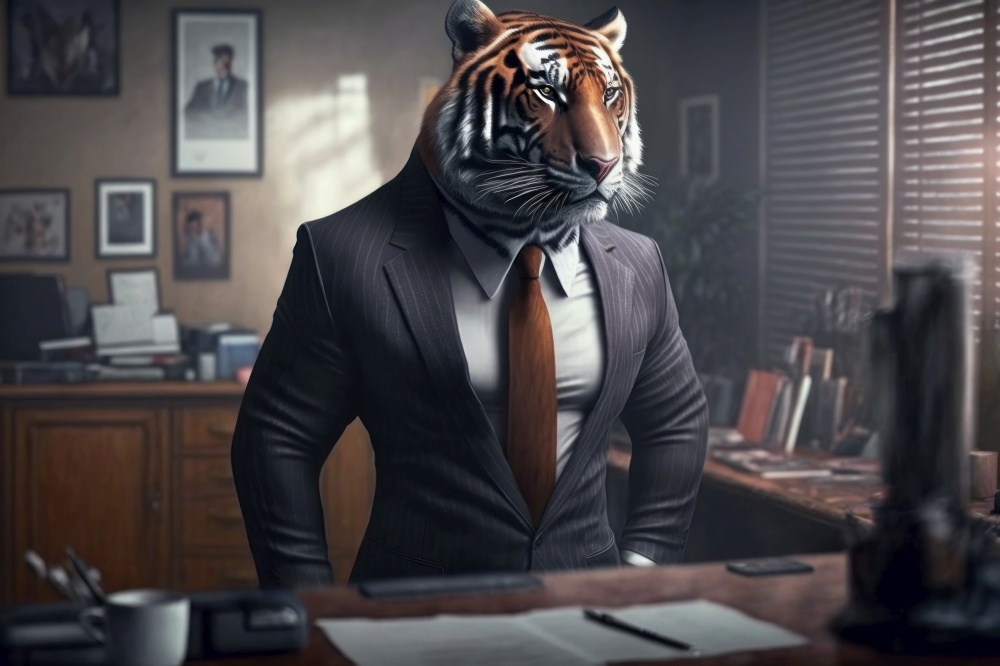 Portrait of a Tiger in a business suit at the office, digital illustration painting, Generative AI