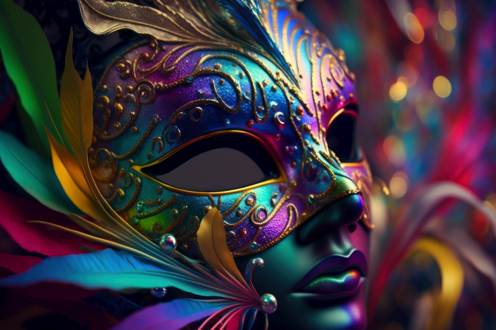 Realistic luxury multicolored carnival mask with feathers, digital illustration painting, Generative AI