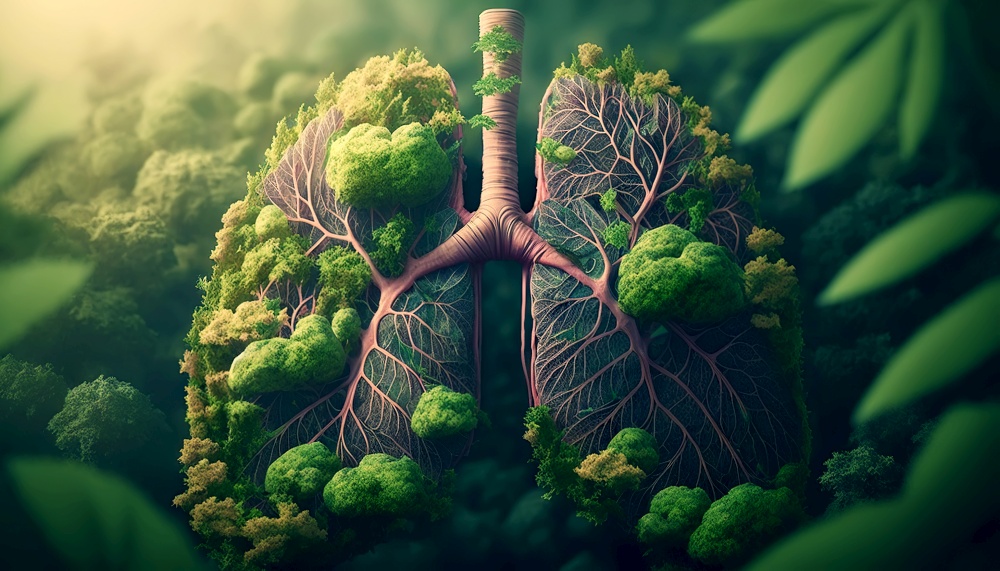 Leaves and branches in form of human lungs with forest on backdrop. Forest as lungs of planet concept. Generative AI.. Leaves and branches in form of human lungs with forest on backdrop. Forest as lungs of planet concept. Generative AI