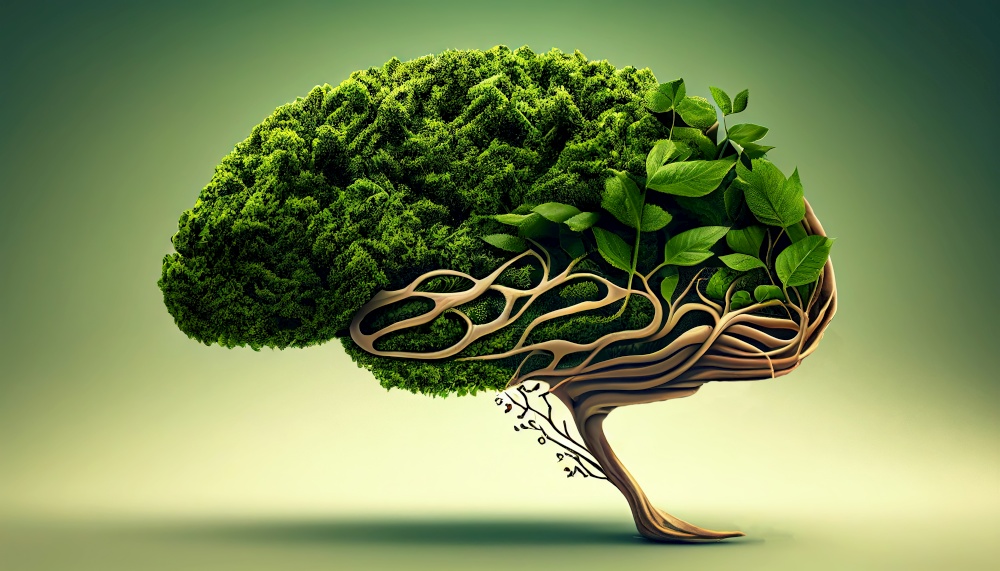 Green tree in form of human brain. Green thinking concept. Generative AI.. Green tree in form of human brain. Green thinking concept. Generative AI