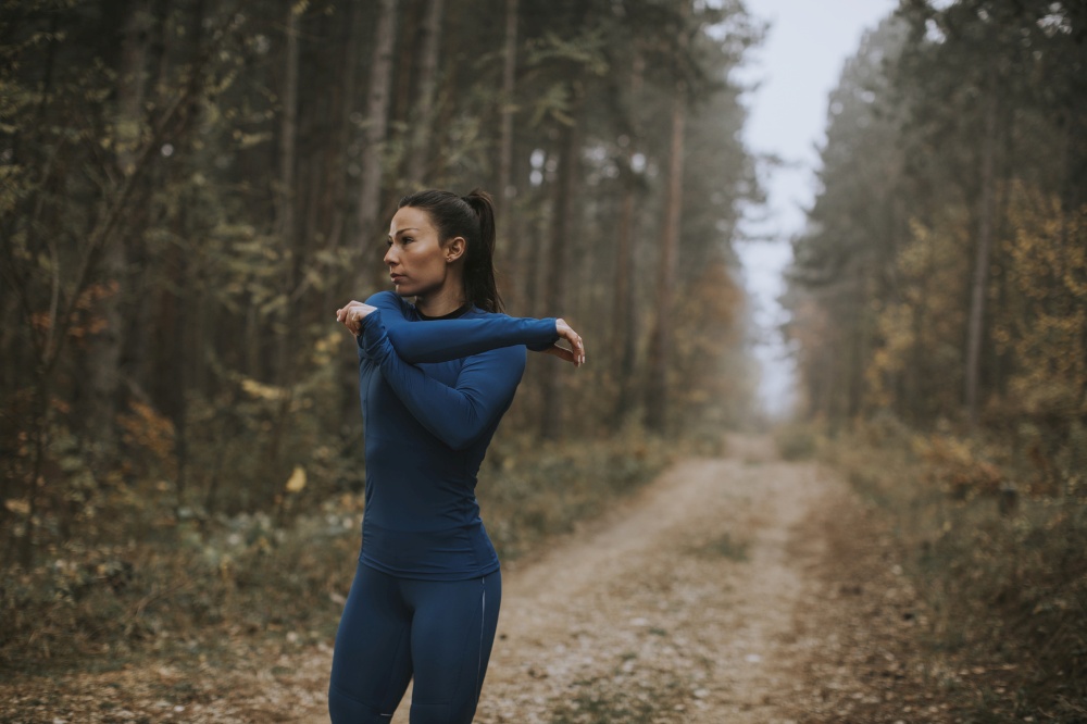 Pretty young woman in blue track suit stretching before workout in the autumn forest