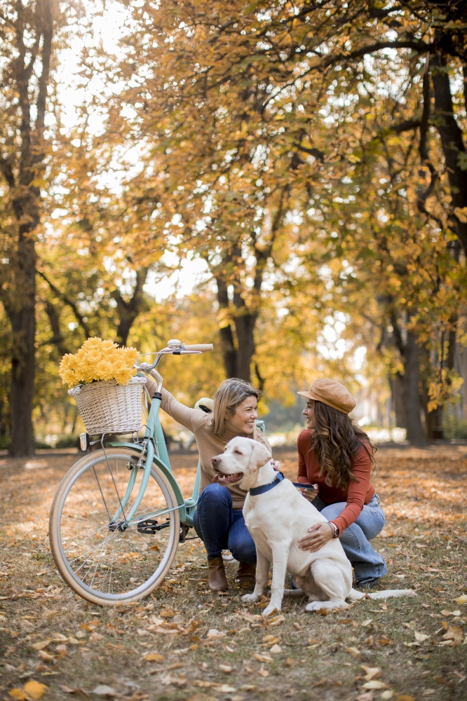 Two young female friends walking in the yellow autumn park with dog and bicycle