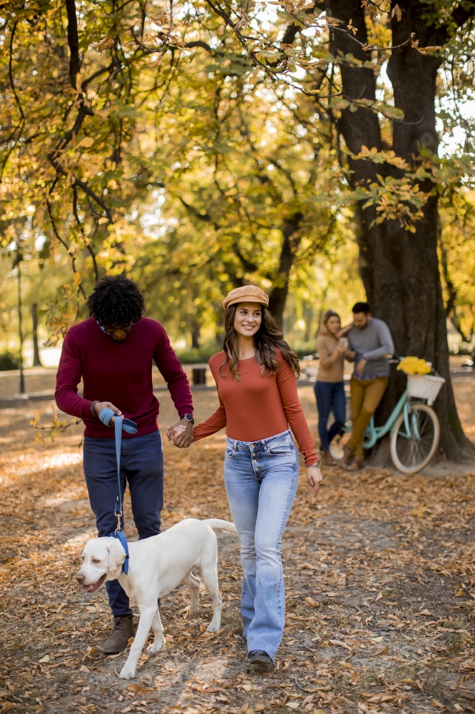 Multiracial young couple walking with dog in autumn park