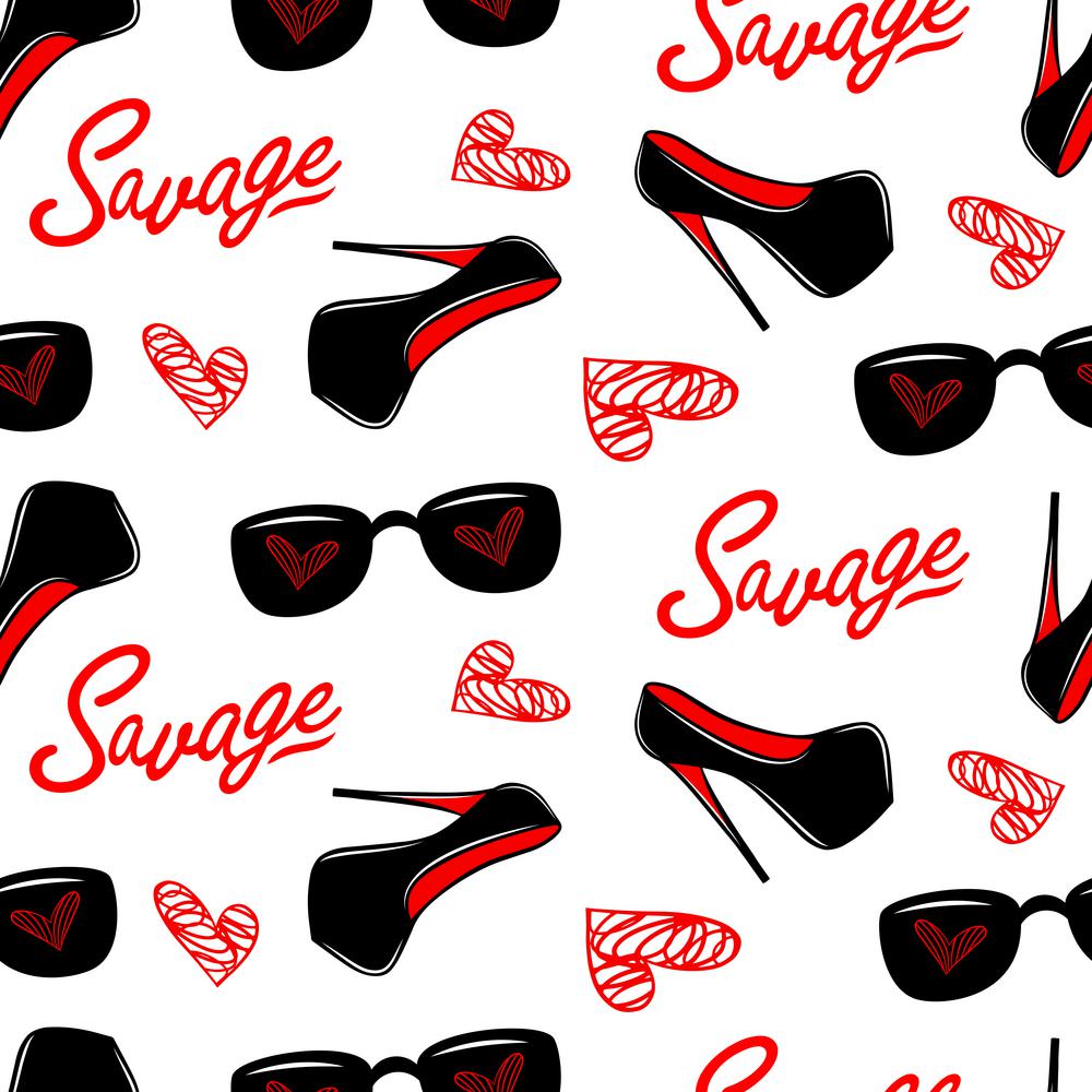 Fashion glamour seamless pattern. Girlish fabric print template. Savage lettering, high heeled shoes, glasses, heart shape. Cartoon wallpaper.