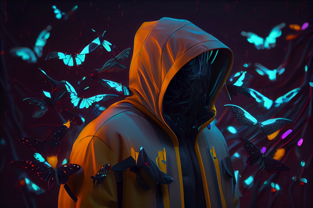 fashion trendy style man in a blue hooded jacket and face mask among flying butterflies illustration Generative AI.