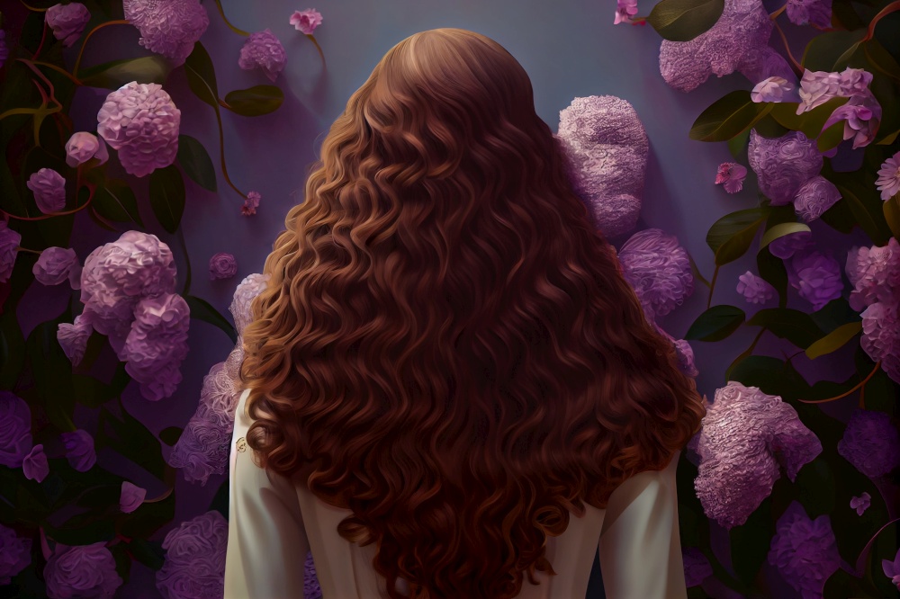 lush thick curly hair woman on flower background  beauty care illustration Generative AI.