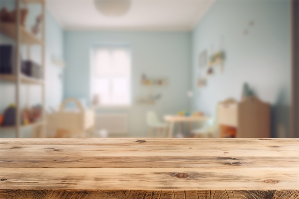 Empty wooden table top and blurred kids room interior on the background. Copy space for your object, product, toy presentation. Generative AI. Empty wooden table top and blurred kids room interior on the background. Copy space for your object, product, toy presentation. Generative AI.