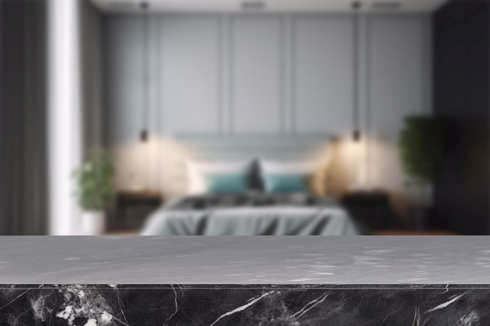 Empty black marble table top and blurred bedroom interior on the background. Copy space for your object, product, cosmetic presentation. Generative AI. Empty black marble table top and blurred bedroom interior on the background. Copy space for your object, product, cosmetic presentation. Generative AI.