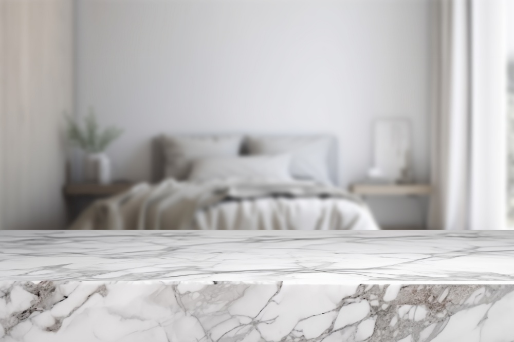 Empty white marble table top and blurred bedroom interior on the background. Copy space for your object, product, cosmetic presentation. Display, promotion, advertising. Generative AI. Empty white marble table top and blurred bedroom interior on the background. Copy space for your object, product, cosmetic presentation. Display, promotion, advertising. Generative AI.