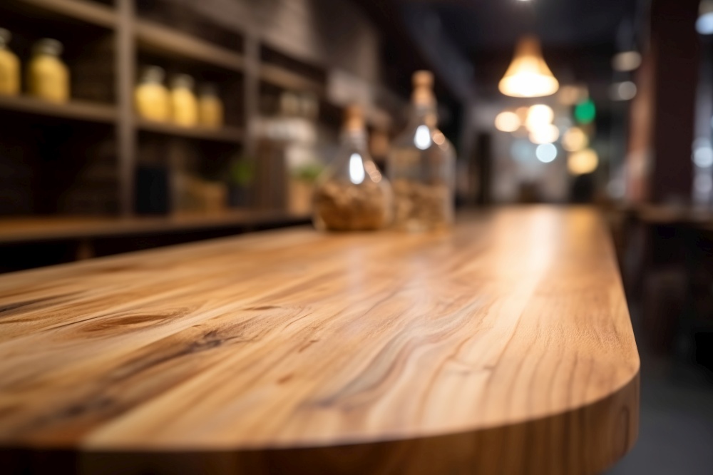 Empty wooden table top and blurred bar interior on the background. Copy space for your object, product, food or drink presentation. Generative AI. Empty wooden table top and blurred bar interior on the background. Copy space for your object, product, food or drink presentation. Generative AI.
