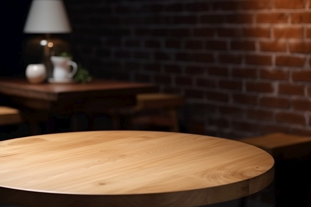 Empty wooden table top and blurred cafe interior on the background. Copy space for your object, product, food or drink presentation. Generative AI. Empty wooden table top and blurred cafe interior on the background. Copy space for your object, product, food or drink presentation. Generative AI.