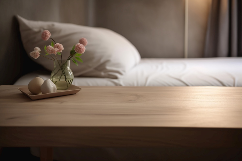 Empty wooden table top and blurred bedroom interior on the background. Copy space for your object, product, cosmetic presentation. Display, promotion, advertising. Generative AI. Empty wooden table top and blurred bedroom interior on the background. Copy space for your object, product, cosmetic presentation. Display, promotion, advertising. Generative AI.