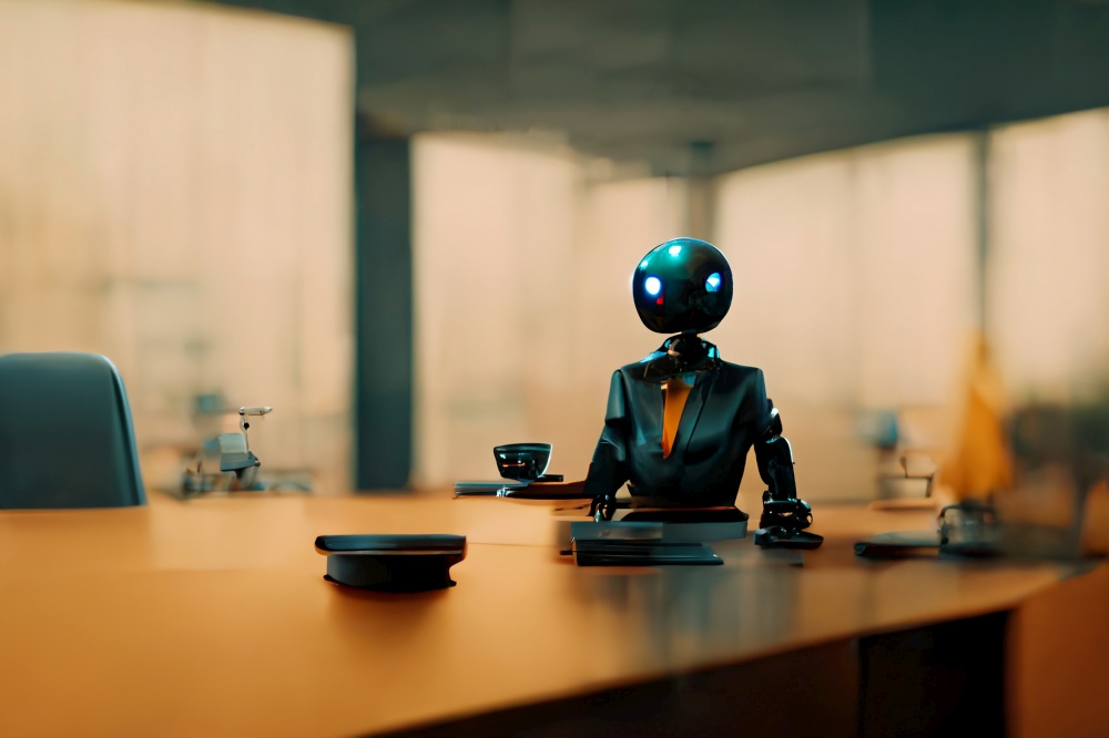 Futuristic office or bank with robot manager or banker worker. Generative AI. Not based on any actual scene or pattern. Closeup, copy space. Futuristic office with robot manager worker. Generative AI. Not based on any actual scene or pattern