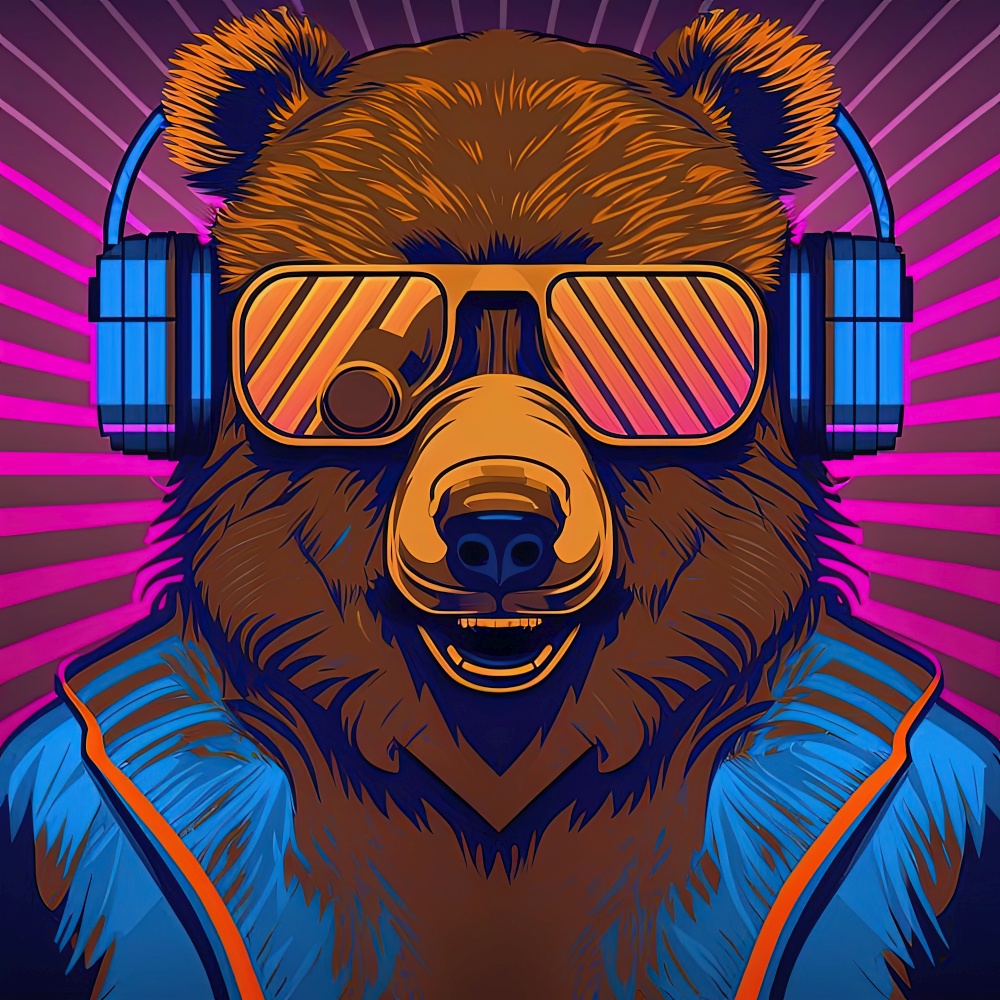 Young cool party grizzly bear in pink sunglasses and headphones. Pop art style in neon colors. Generative AI. Not based on any actual scene. Cool neon party bear in sunglasses. Generative AI. Not based on any actual scene