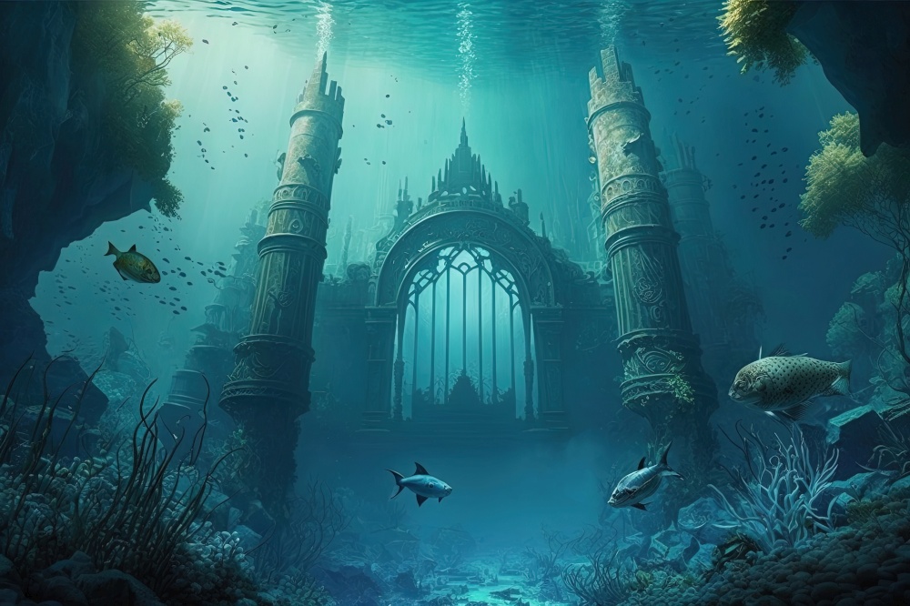 Fantasy underwater seascape with majestic architecture elements, gate and stone ruins. Temple in ancient city, lost civilization. Generative AI. Fantasy underwater seascape with lost city. Generative AI