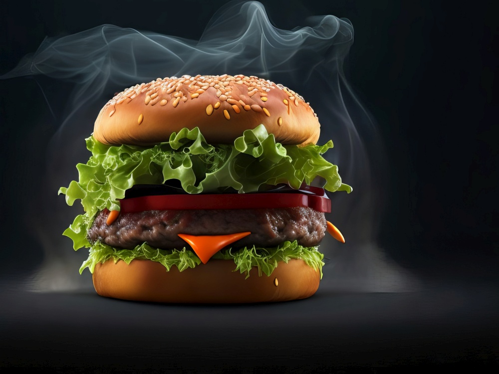 An incredible-looking burger with salad and cheese is featured in Delicious Burger. Generative AI.