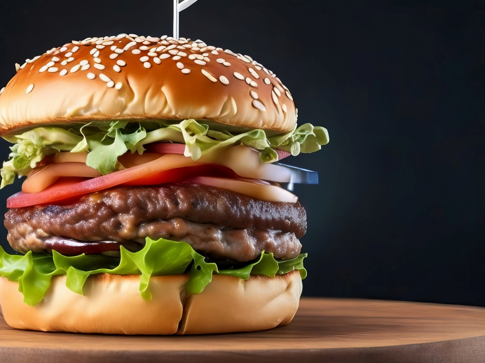 An incredible-looking burger with salad and cheese is featured in Delicious Burger. Generative AI.
