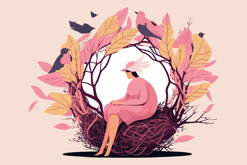 Woman sitting on a bird&rsquo;s nest. Vector illustration design.