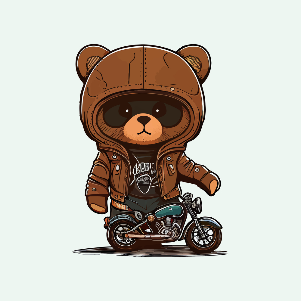 Cool bear doll in leather jacket and motorcycle. Vector illustration design.