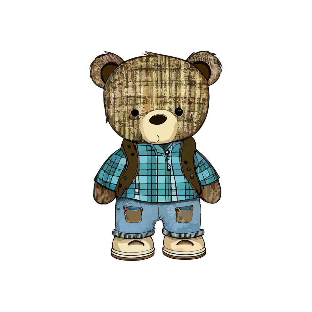Cute bear doll in plaid shirt and blue jeans. Vector illustration design.