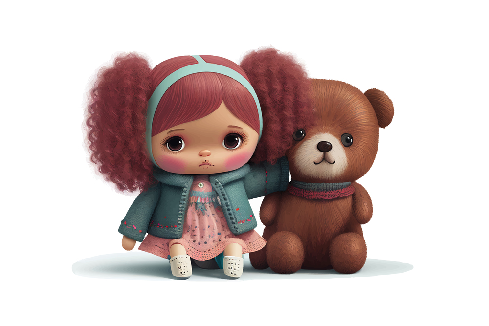 Cartoon curly girl with a teddy bear. Vector illustration design.