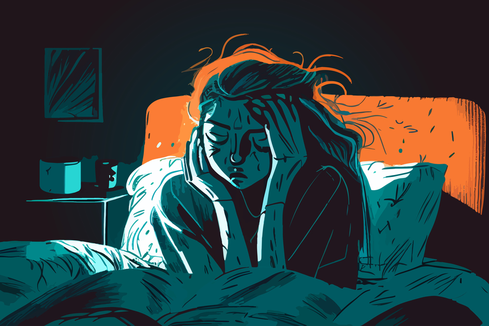 Sick girl in bed illustration. Vector desing.