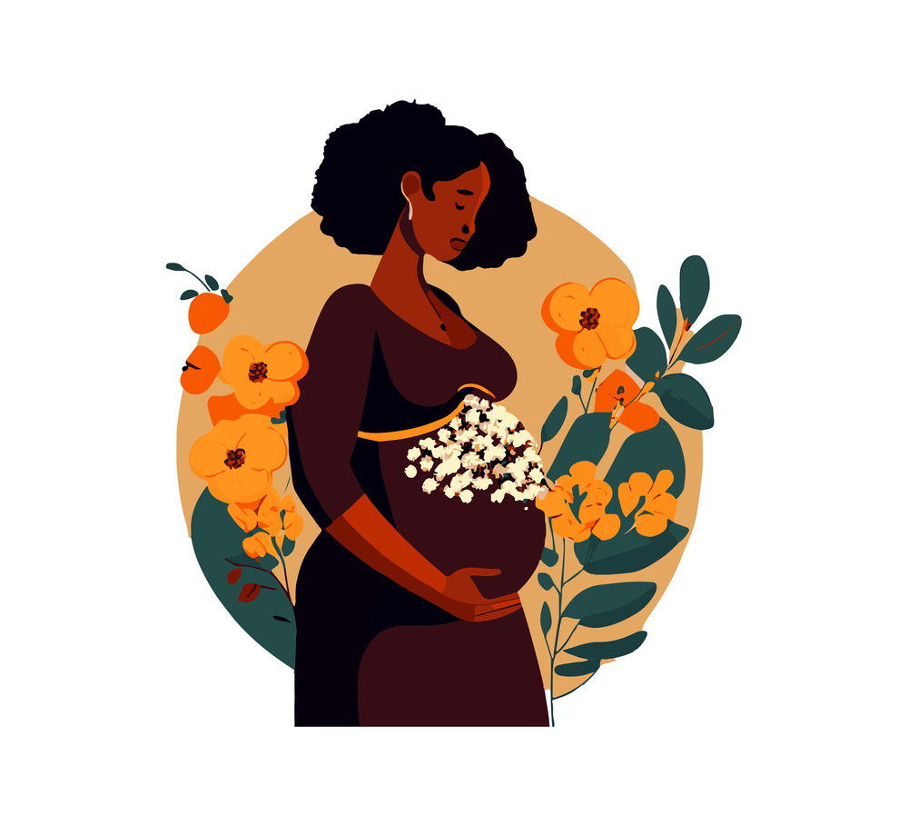 Black pregnant woman holding a flower in her hand. Vector illustration desing.