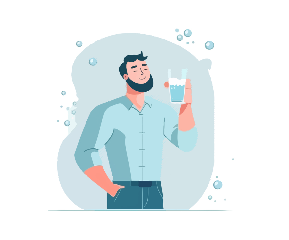 Man with a beard holds a glass of water. Vector illustration desing.