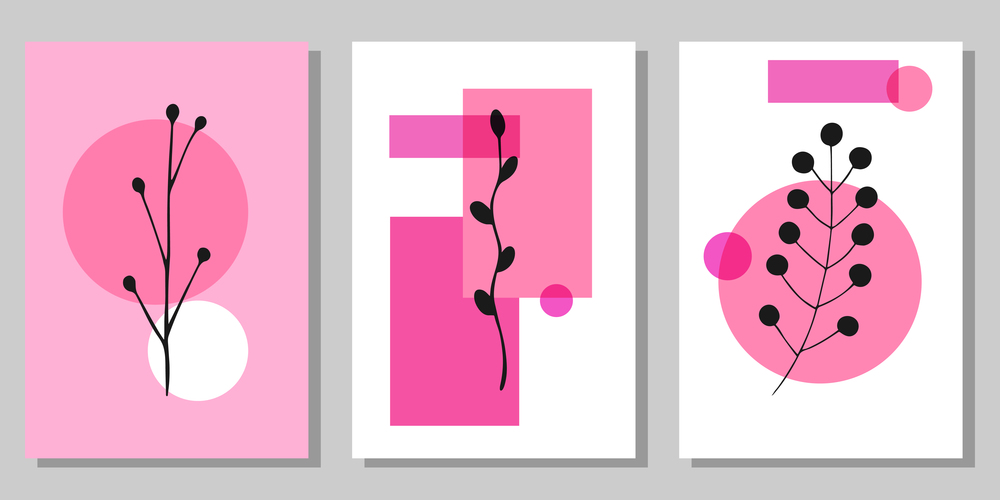 Set of creative minimalist paintings with botanical elements and pink shapes. For interior decoration, print and design