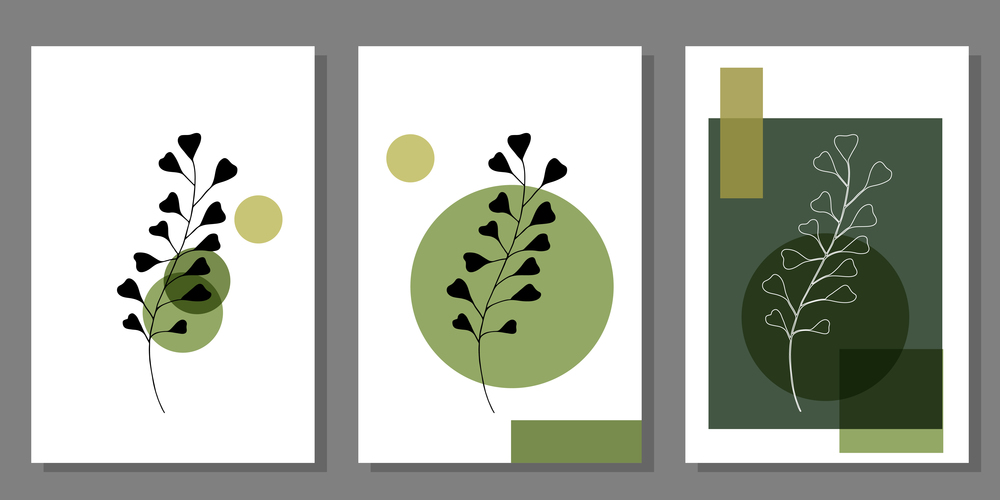 Set of creative minimalist paintings with botanical elements and green shapes. For interior decoration, print and design
